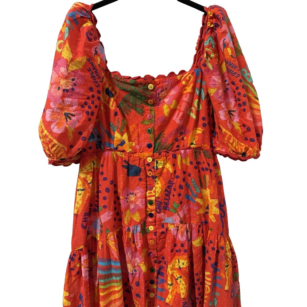 Farm Rio Good Vibes Cotton Midi Dress Puff Sleeve Smocked Tropical Resort Boho L - Picture 5 of 15